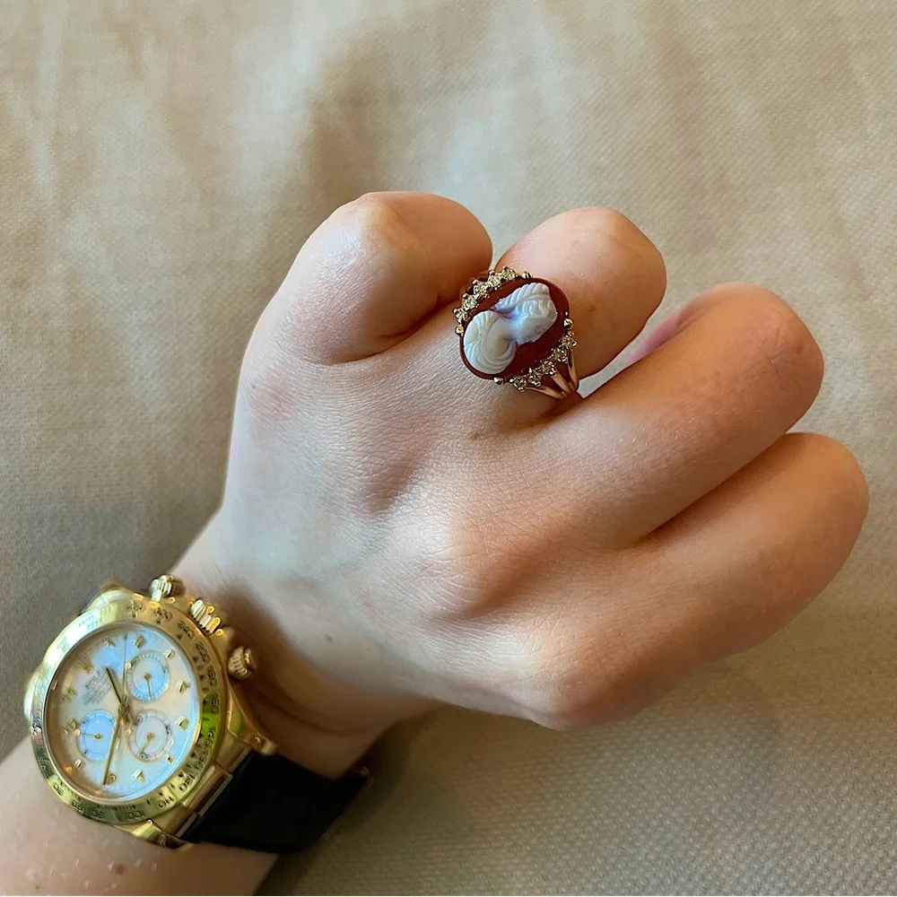 CAMEO❤️14K Gold❤️Diamond and Agate Cameo Portrait Statement Ring